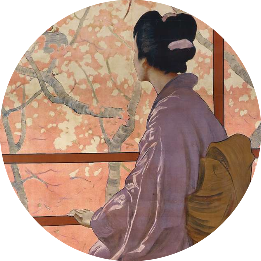 Locandina dell'opera Madama Butterfly a colori. Ritrae una geisha di spalle mentre guarda verso l'esterno, come se fosse in attesa di qualcuno. Sullo sfondo, è esplosa la fioritura dei ciliegi.