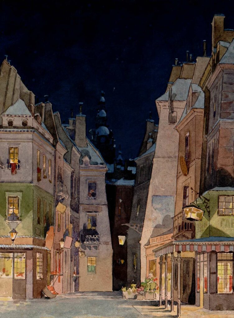 Bozzetto della prima rappresentazione de La Bohème. È sera, i tetti di Parigi sono completamente innevati, le finestre delle case sono illuminate.