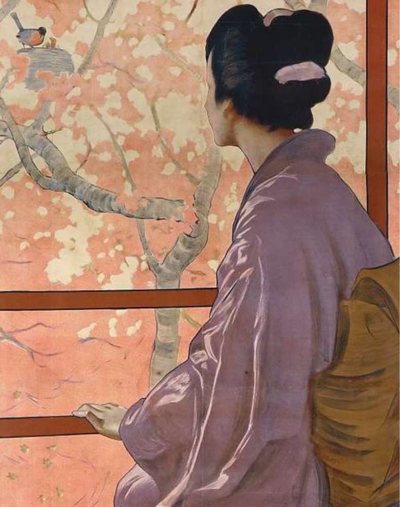 Locandina dell'opera Madama Butterfly a colori. Ritrae una geisha di spalle mentre guarda verso l'esterno, come se fosse in attesa di qualcuno. Sullo sfondo, è esplosa la fioritura dei ciliegi.