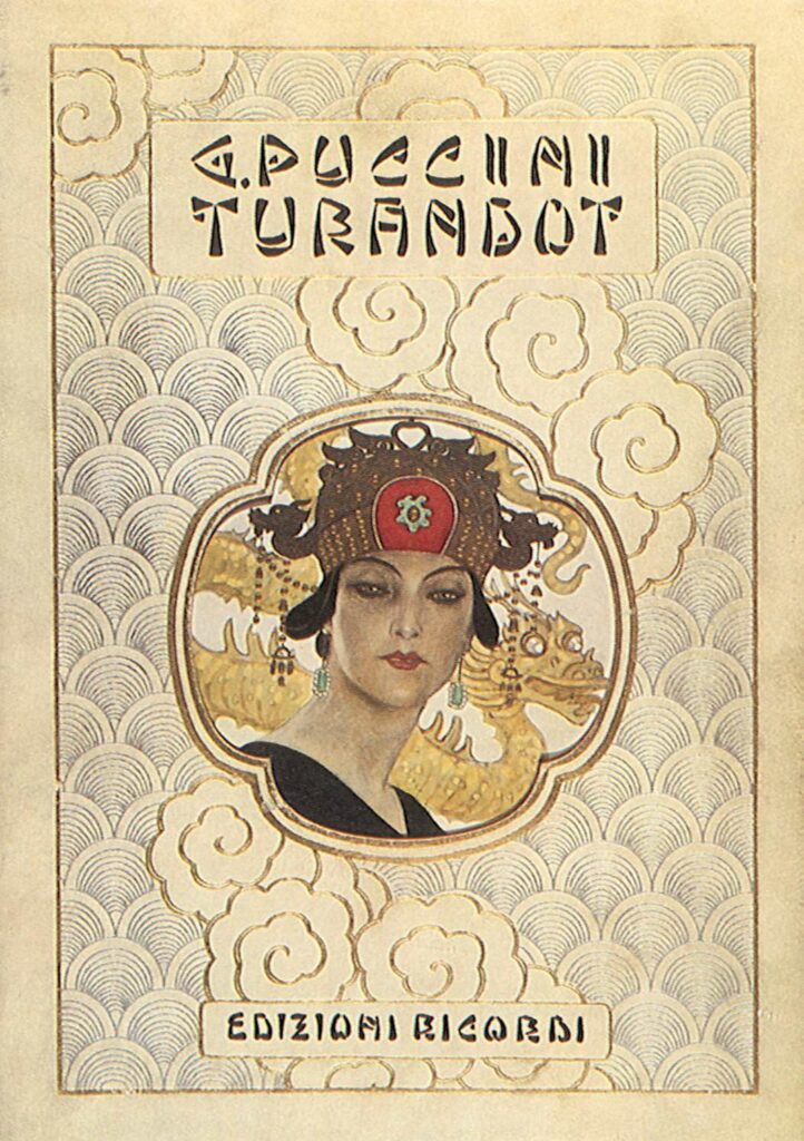 Libretto dell'opera Turandot con decorazioni orientali con icona centrale della splendida principessa che indossa la corona tipica cinese