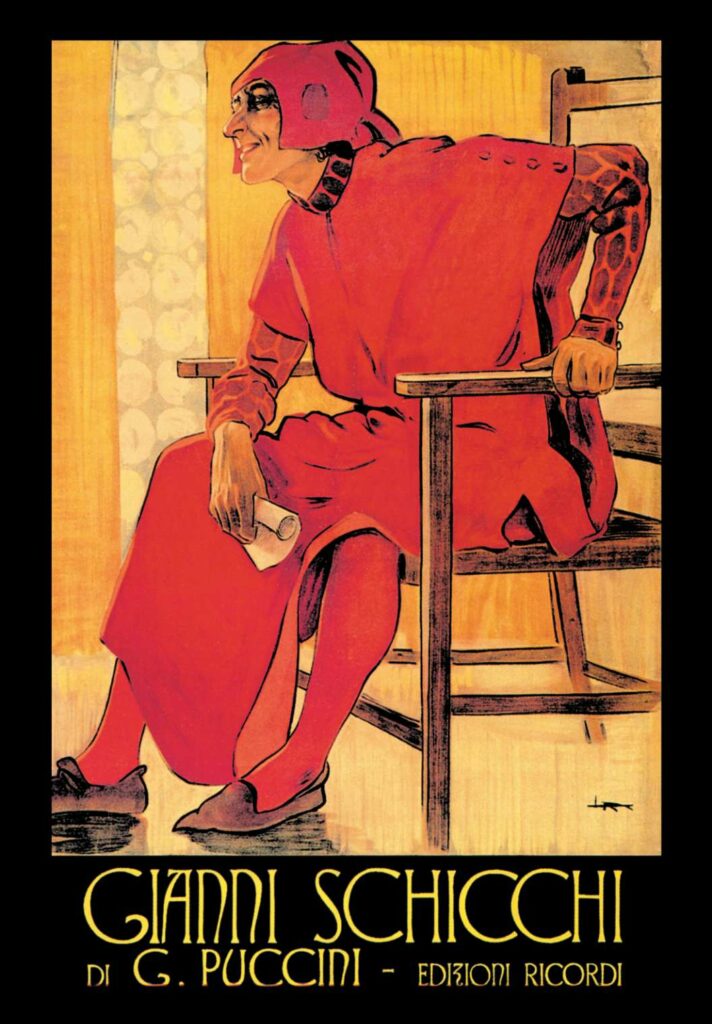 Locandina di Gianni Schicchi presenta con palette di colori rosso e giallo. L'uomo viene ritratto con un atteggiamento beffardo e indossa gli abiti tipici fiorentini dell'epoca. Nella sua mano tiene il testamento di Buoso Donati.