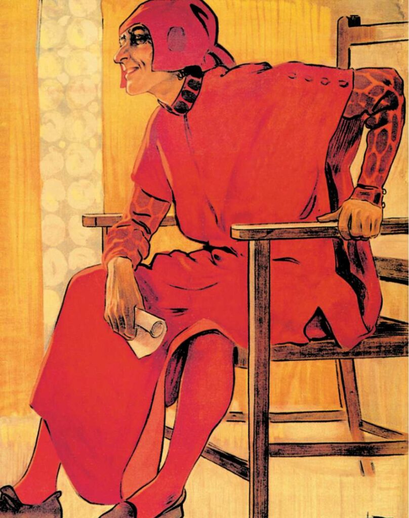 Locandina di Gianni Schicchi presenta con palette di colori rosso e giallo. L'uomo viene ritratto con un atteggiamento beffardo e indossa gli abiti tipici fiorentini dell'epoca. Nella sua mano tiene il testamento di Buoso Donati.